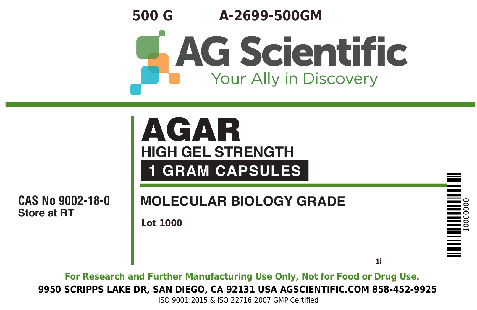 Agar, 1 Gram Capsules, High Gel Strength, 500 G