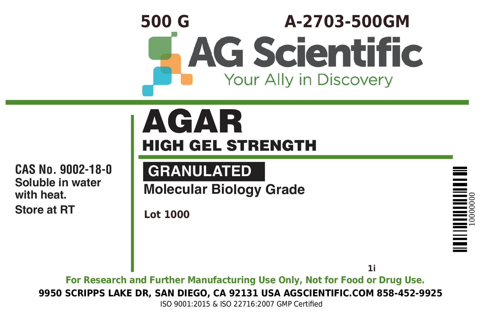 Agar, Granulated, High Gel Strength, 500 G