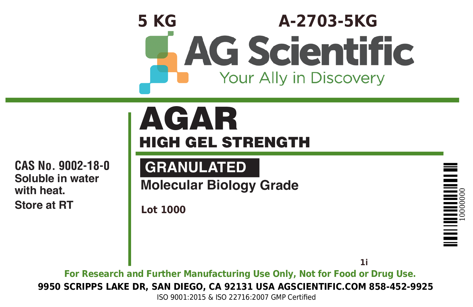 Agar, Granulated, High Gel Strength, 5 KG
