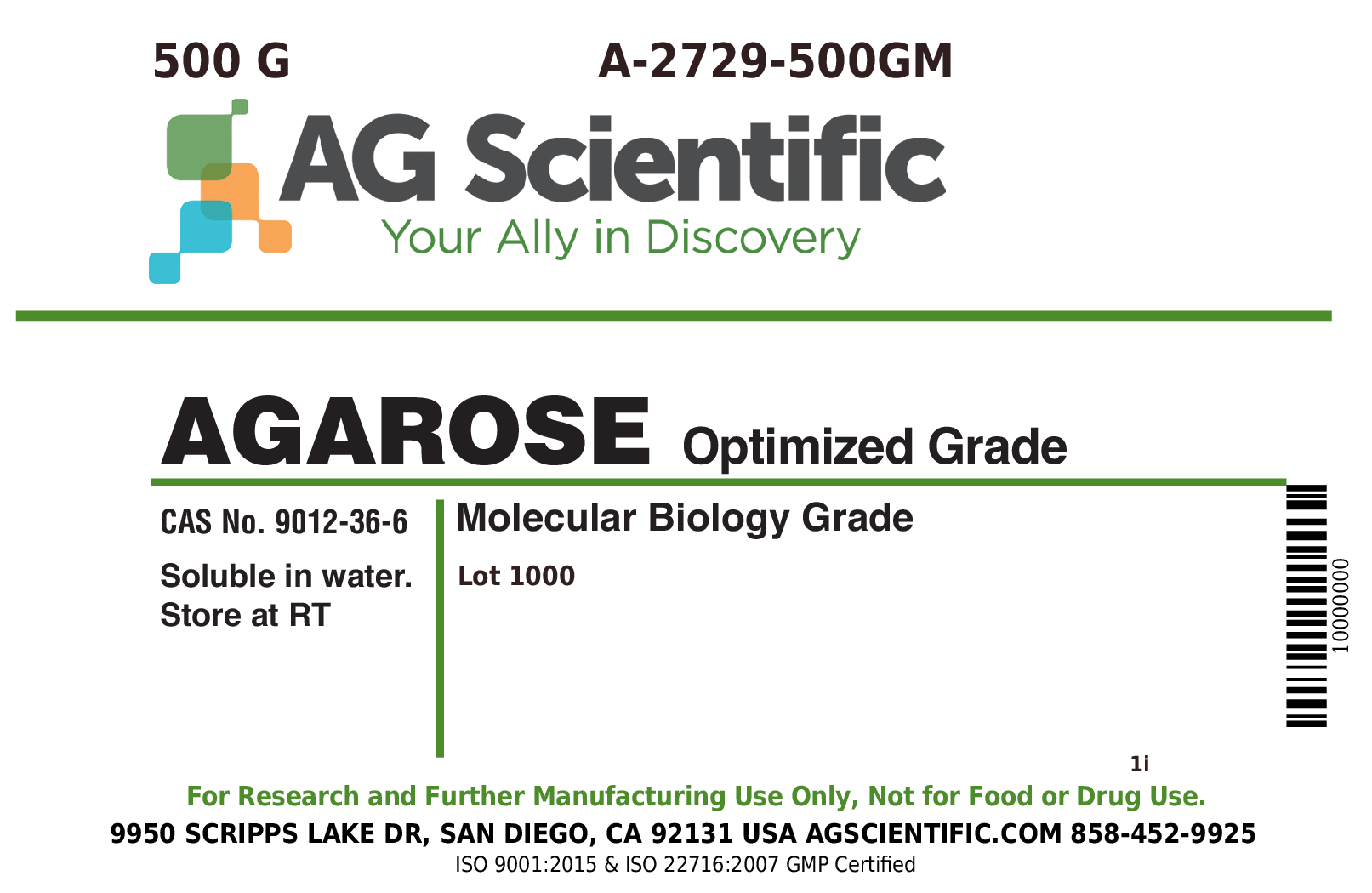 A-2729-500GM - Agarose, for Routine Gel Electrophoresis, Molecular ...