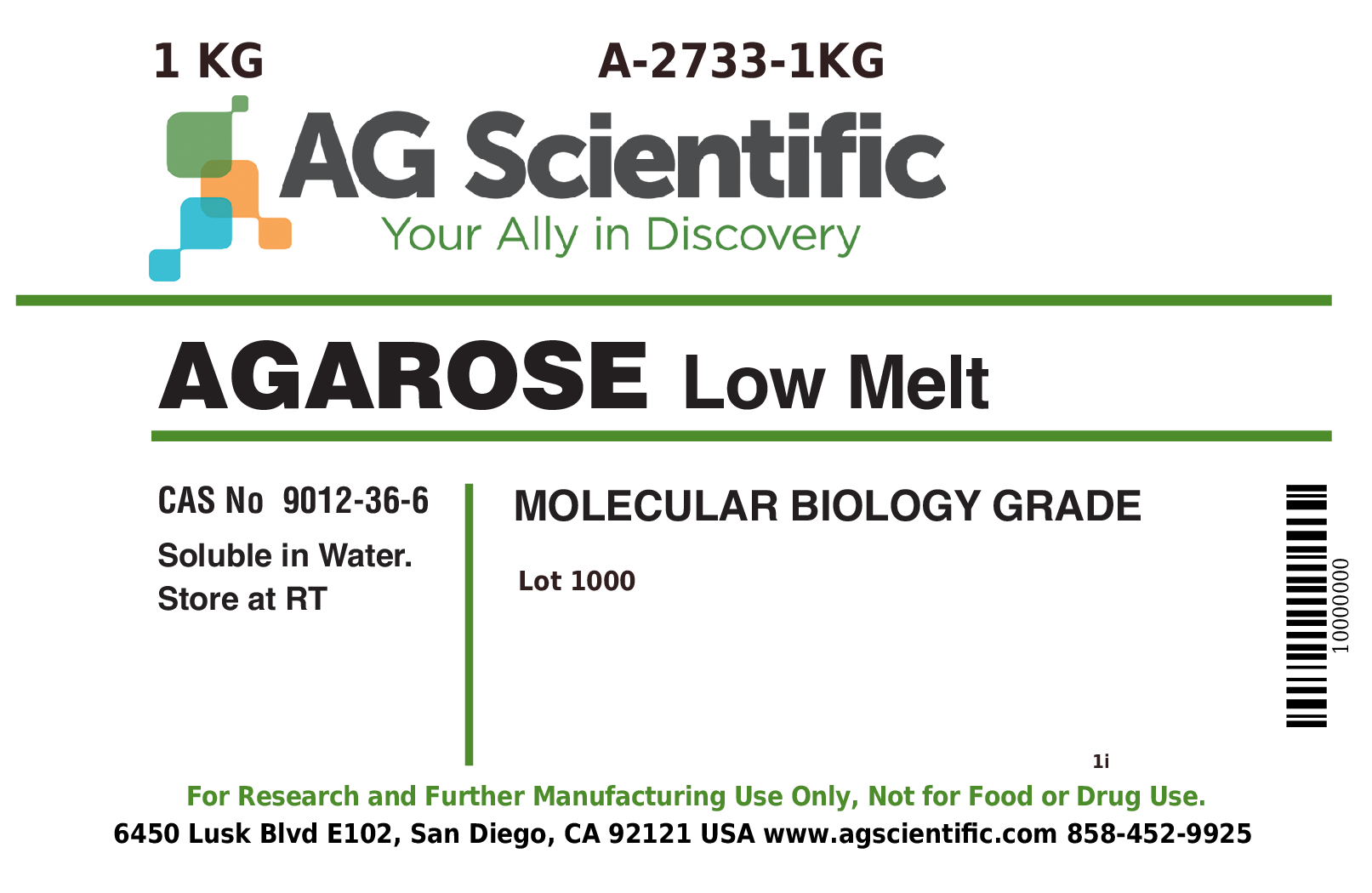 A-2733-1KG - Agarose, Low Melt Temperature, 1 KG