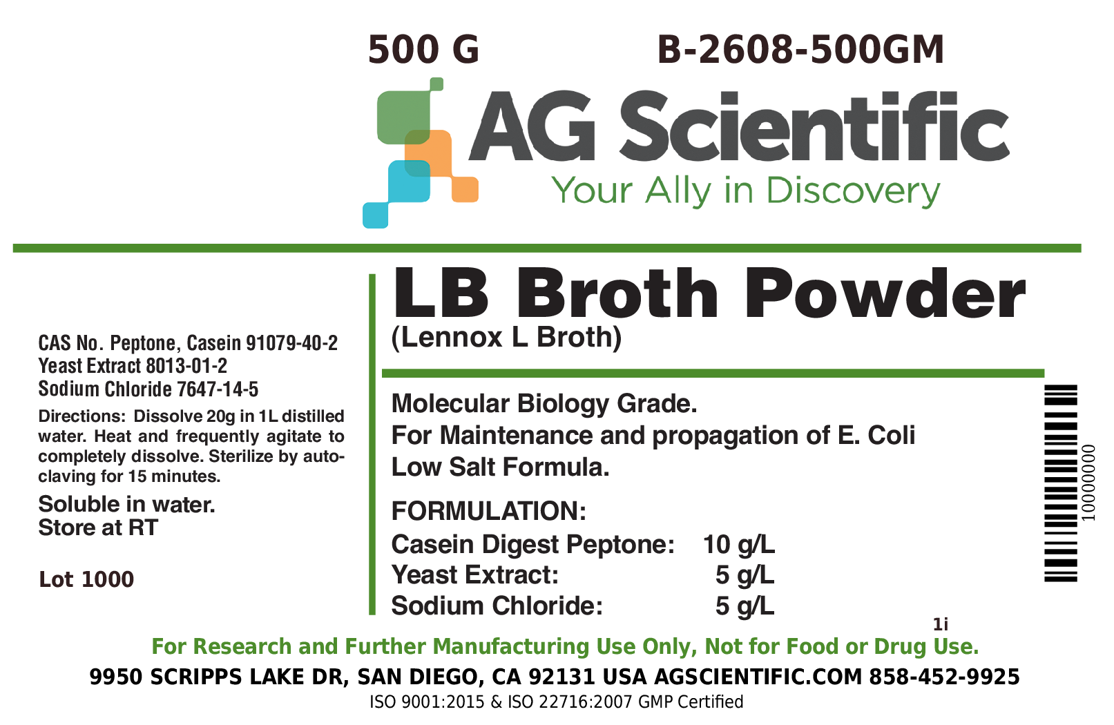 LB Broth [Lennox L Broth], Powder, 500 G