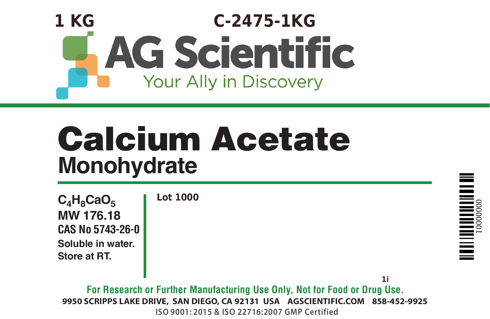 C-2475-1KG - Calcium Acetate Monohydrate, 1 KG