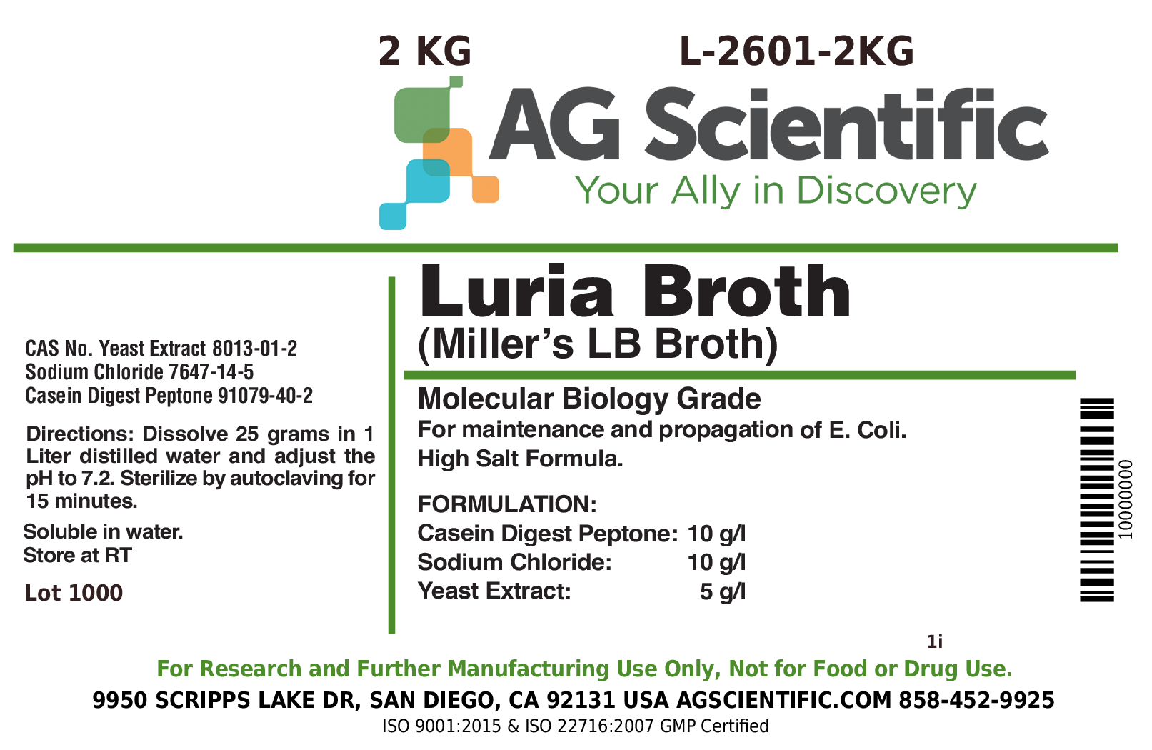 Luria Broth, High Salt Formula, Powder, 2 KG