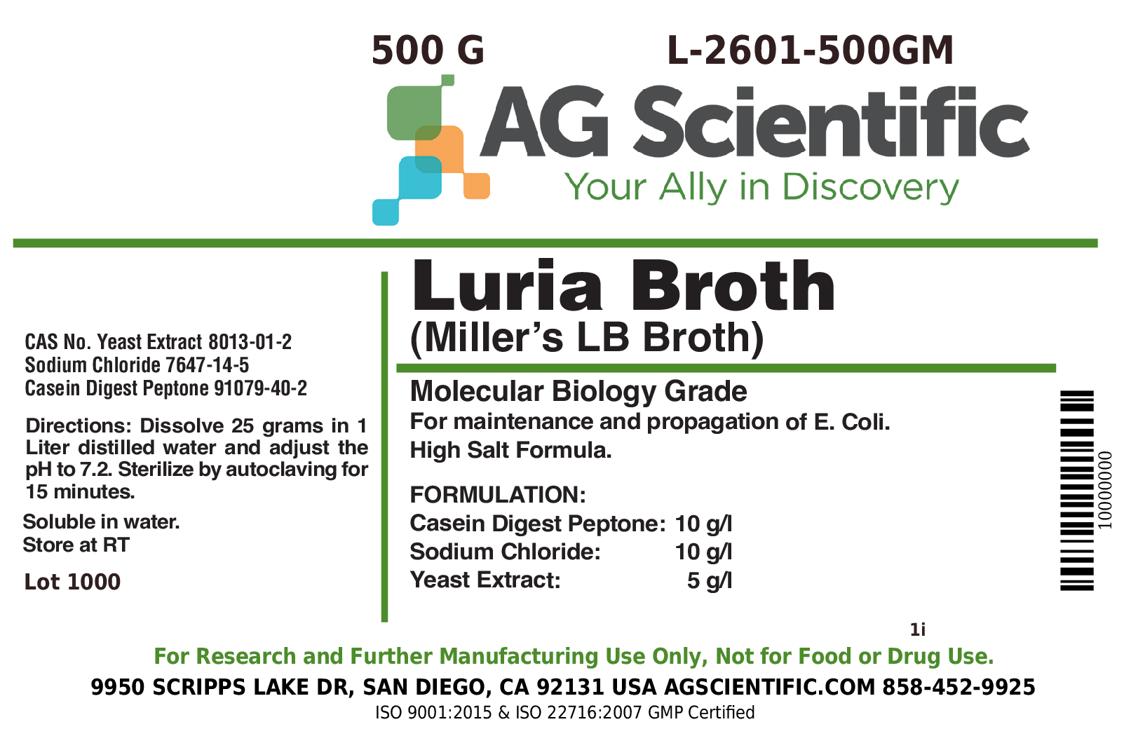 Luria Broth, High Salt Formula, Powder, 500 G
