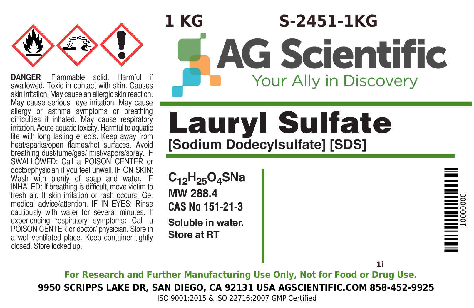 SDS / Sodium lauryl sulphate, 1 kg, plastic, CAS No. 151-21-3, A to Z, Chemicals