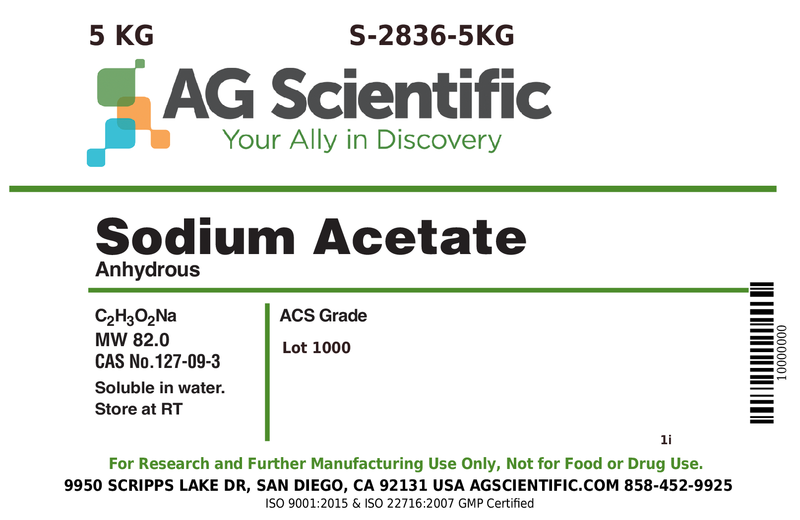 Sodium Acetate Anhydrous, ACS Grade, 5 KG