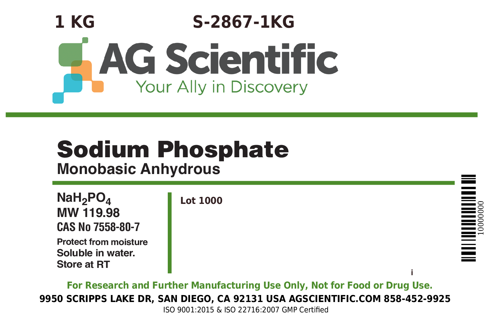 S-2867-1KG - Sodium Phosphate, Monobasic, Anhydrous, 1 KG