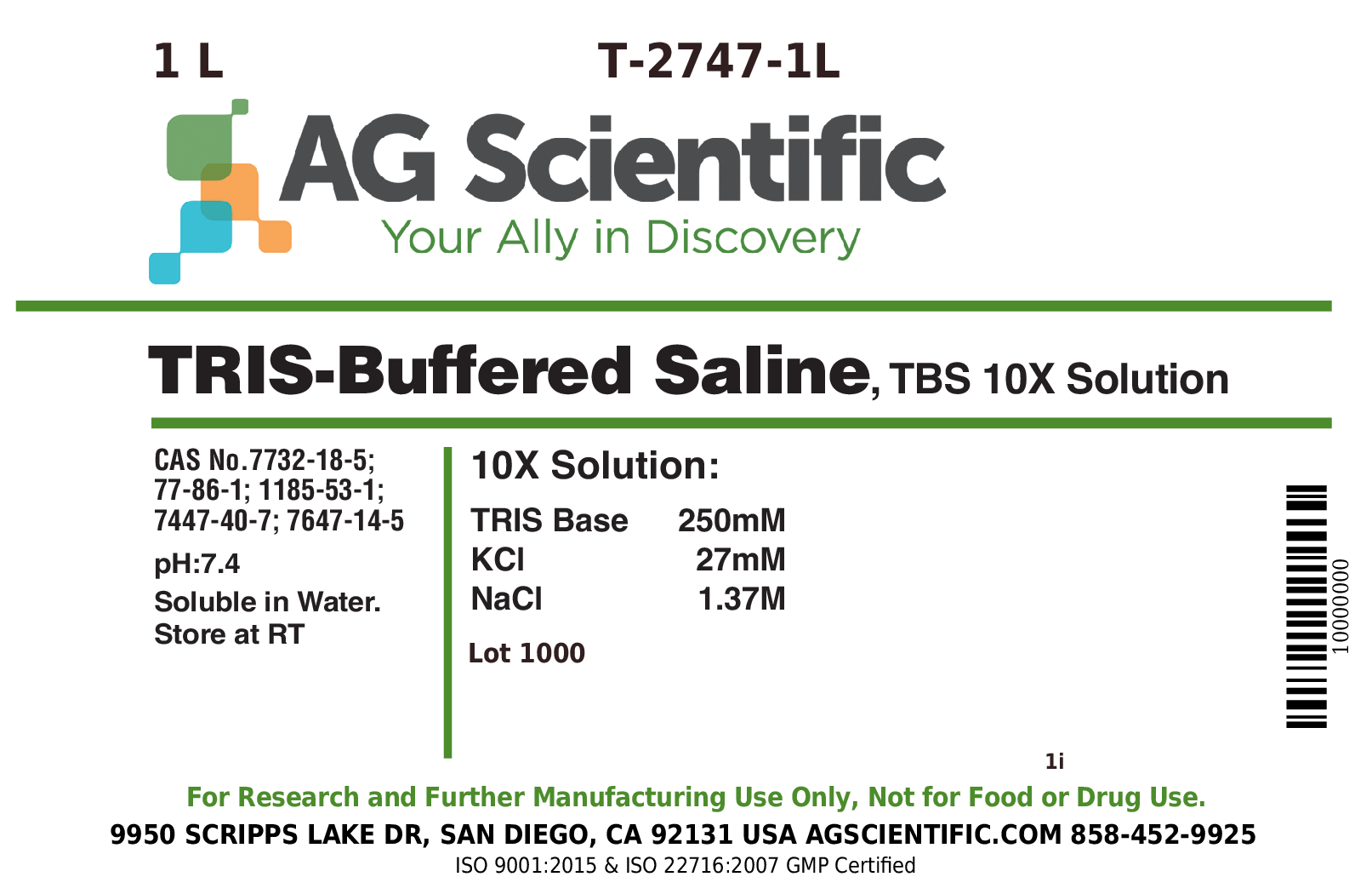 T-2747-1L - TBS [TRIS Buffered Saline], 10X Solution, 1 L